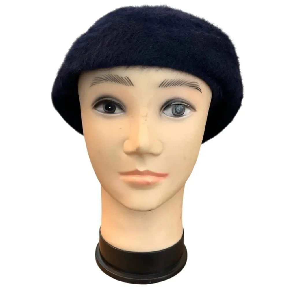 Womens Navy Blue Wool Angora Blend Beret Lined Fur Hat One Size
